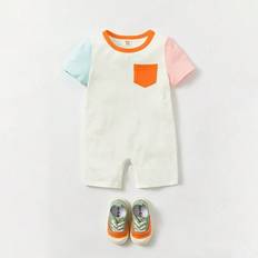 Bebis Pojke Färgblock Lappar Ficka Kontrast Knytning Romper - Orange (6-9M,9-12M,12-18M,18-24M,2-3Y,0-1M,1-3M,3-6M)