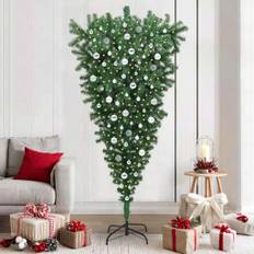 vidaXL Omvendt kunstige forbelyste juletræ med kuglesæt Grøn 210 cm