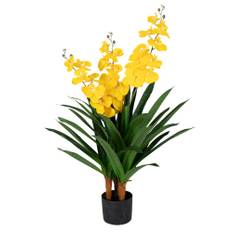 Konstgjord orkidé - 100 cm - 3-grenad - Gula blommor - Konstgjord blomma i svart kruka