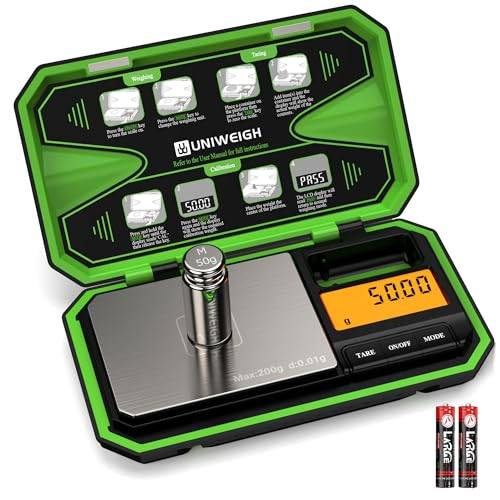 UNIWEIGH Digital fickfjäll 200 g/0,01 g, digital skala, smyckesvåg, myntvåg med 50 g cal-vikter för pulver, ogräs (batteri inkluderat fluorescerande grön)