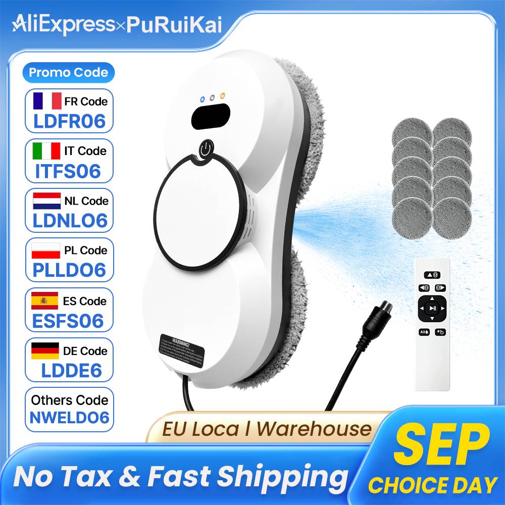 PuRuiKai Robot Window Cleaner, 5600Pa Window Cleaner Robot, Remote Control, 3 Cleaning Modes, Intelligent Edge Monitoring