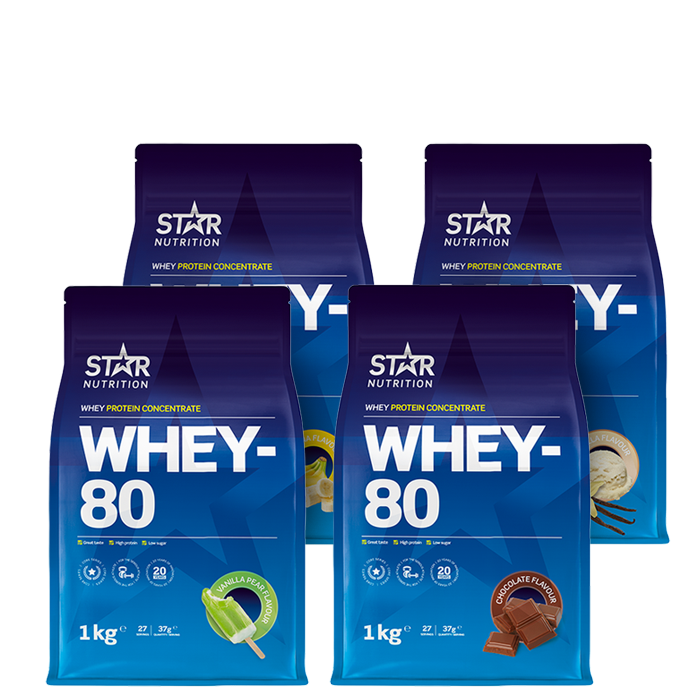 Star Nutrition Mix&Match: 4 x Whey-80 Valleprotein 1 kg - Bodyman.dk.