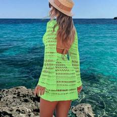 Women&#39;s Spring Summer Vanilla Green Beach Outfits Bohemian Sexy Hollowed-Out Backless Long Sleeve Crochet Cover Up Sundress - Lime Green - L,M,S,XL,XS