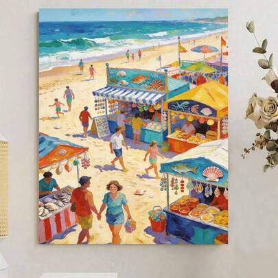 Sunny Beach Market DIY-oljemålning efter siffror, kustlandskap med havsvågor, målningsduk för hantverk, hemdekoration för vuxna, 8x12/16x20 tum, semes (40x50,20x30)