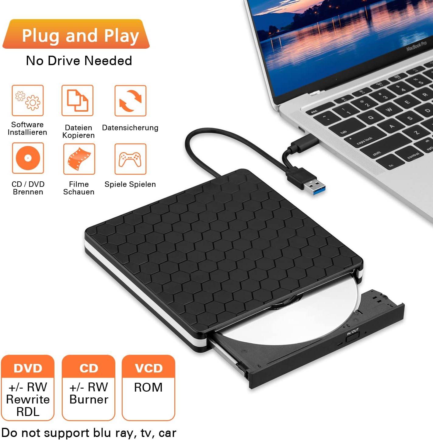 External CD DVD Drive for Laptop, USB 3.0 USB C CD Burner Portable DVD +/-RW Drive CD Player Reader Writer Recorder for Desktop
