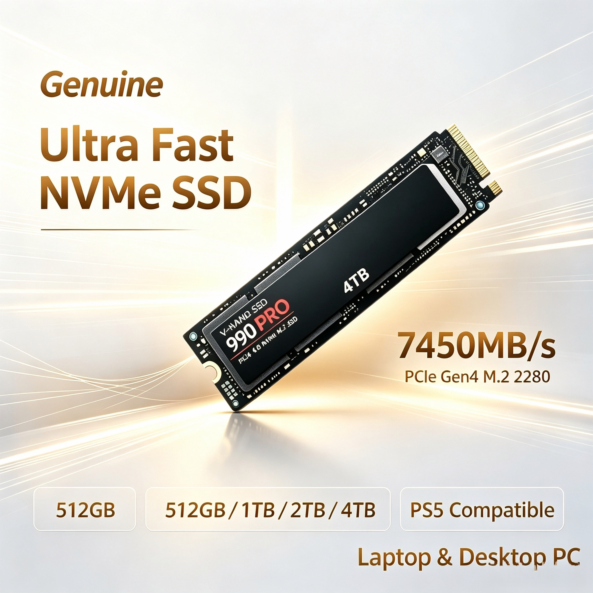 990 PRO NVMe M.2 2280 PCIe Gen4 SSD 1TB‑4TB 7450MB/s Fast Read Speed Solid State Drive For PS5 Gaming Desktop & Laptop PC