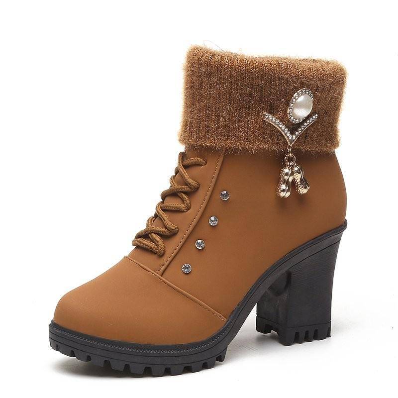 Högklackade vinterskor dam vinterstövlar dam högklackade stövlar plysch varma pälsskor dammärke ankelboots kristall - Brun / 41
