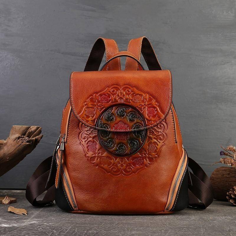 Johnature Retro Handgjord Totem präglad Ryggsäck i äkta läder Damväska Stor kapacitet Kohud Bagpack Resväskor grön