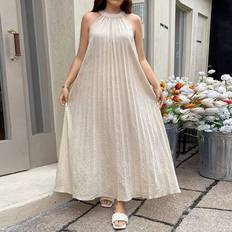 Plusstorlek Enfärgad Plisserad Ärmlös Klänning, Elegant Sommarklänning i Linne Elegant Sommarklänning Lång Bomullsklänning Tillbaka till Skolan Kväll - Aprikos (0XL,1XL,2XL,3XL,4XL)