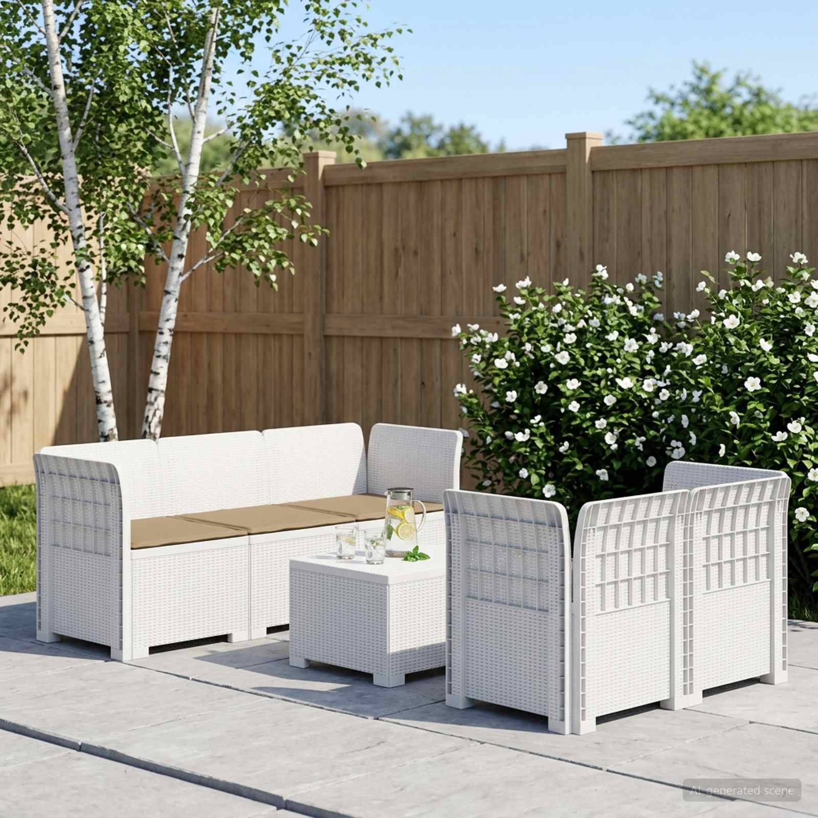 5-personers Havemøbel Sofa med Hynder Rattan Look PP Hvid