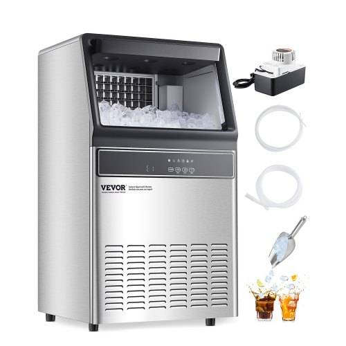VEVOR 110lbs/24H Commercial Ice Maker Machine, 33lbs Storage Capacity Ice Maker with Drain Pump, 50 Ice Cubes in 15 Minutes, LED Digital Display Freestanding Self-Cleaning for Bar Office Restaurant