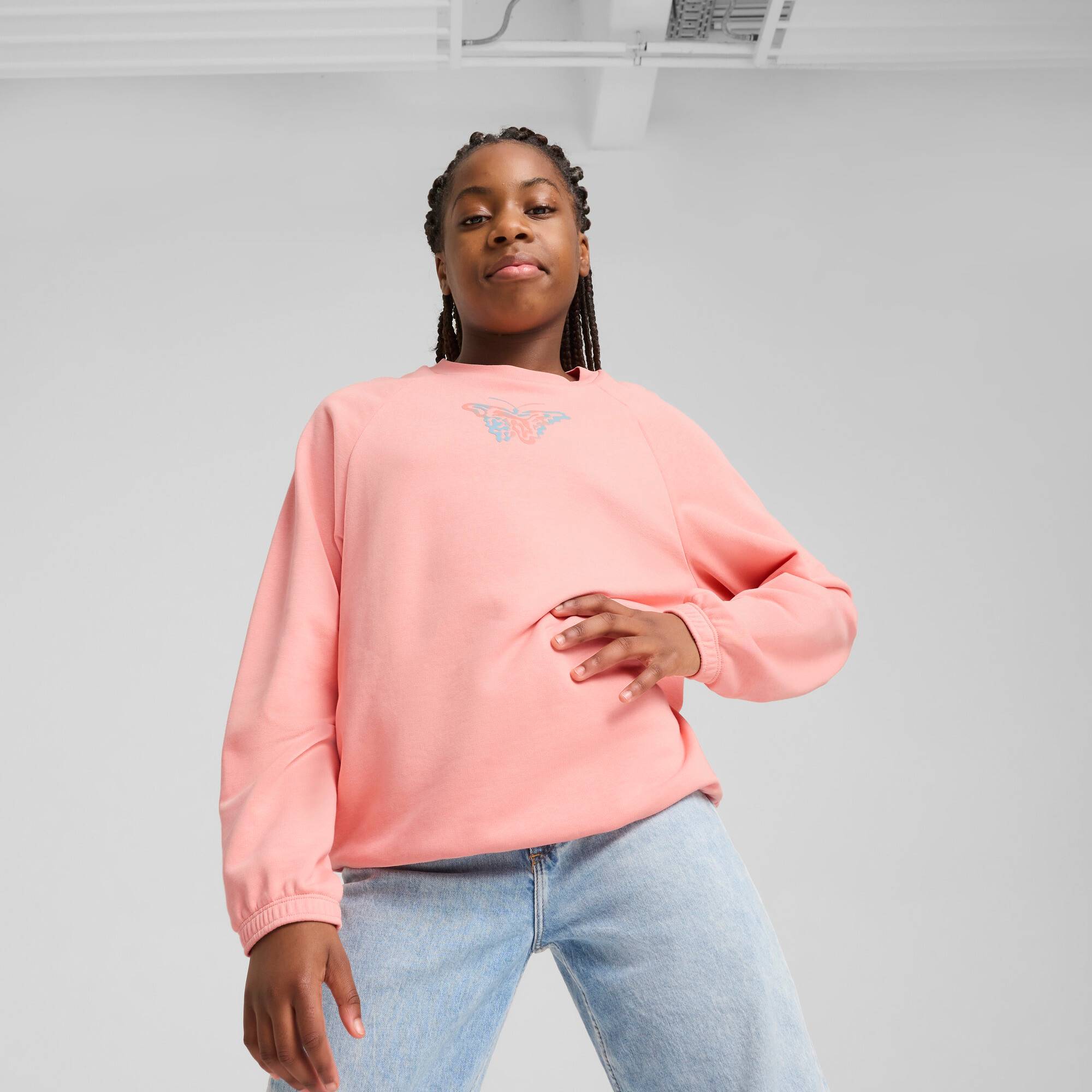 PUMA BUTTERFLY VIBE Crew Top Youth, Clothing, Pink Fruit, 13-14Y