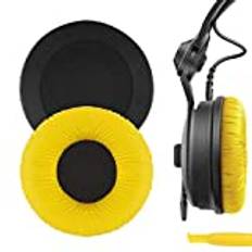 Geekria QuickFit konstläder reserv öronkuddar för Sennheiser HD25, HD25-II, HD25SP, HD25SP-II, begränsad 75-årsjubileum upplaga hörlurar, öronkuddar med videoguide (gul)