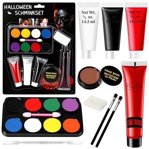 SPINNE LUCAS Halloween Makeup Fake Blood Kroppsmålning, Ansiktsmålning för barn Vuxna Halloween, Professionell Halloween Makeup, Drama Carnival Party Cosplay, 8-Färgs Ansiktsmålning + Falskt Blod