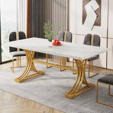 Tribesigns Matbord för 4 till 6, 160 x 80 cm modernt köksbord med fuskmarmor bordsskiva och snygg metallben, stora matbord för matsal, kök, vitt och guld