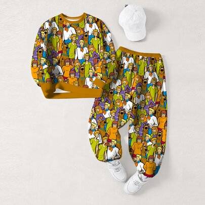 Set med långärmad sweatshirt och joggerbyxor med tecknat tryck för ung pojke - Vitt (6Y,7Y,8Y,4Y,5Y,2-3Y)