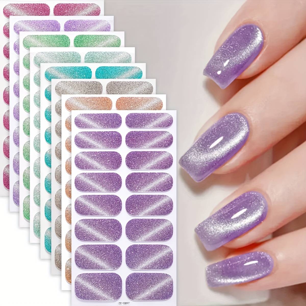 8 Sheets Self-adhesive Gel Nail Strips With Purple Glitter, Shimmery Finish, , No Uv Lamp Required, Easy Application For Women's Party Diy Nail Art Supplies, Nail Accessories