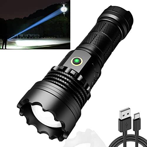 【3 km extremt vidskott】LED-taktisk ficklampa extremt ljus 500 000 lumen, stark, batteridriven, USB-uppladdningsbar, IPX67 vattentät, 5 ljuslägen för camping vandring nödsituationer (1 x 26650 batteri)