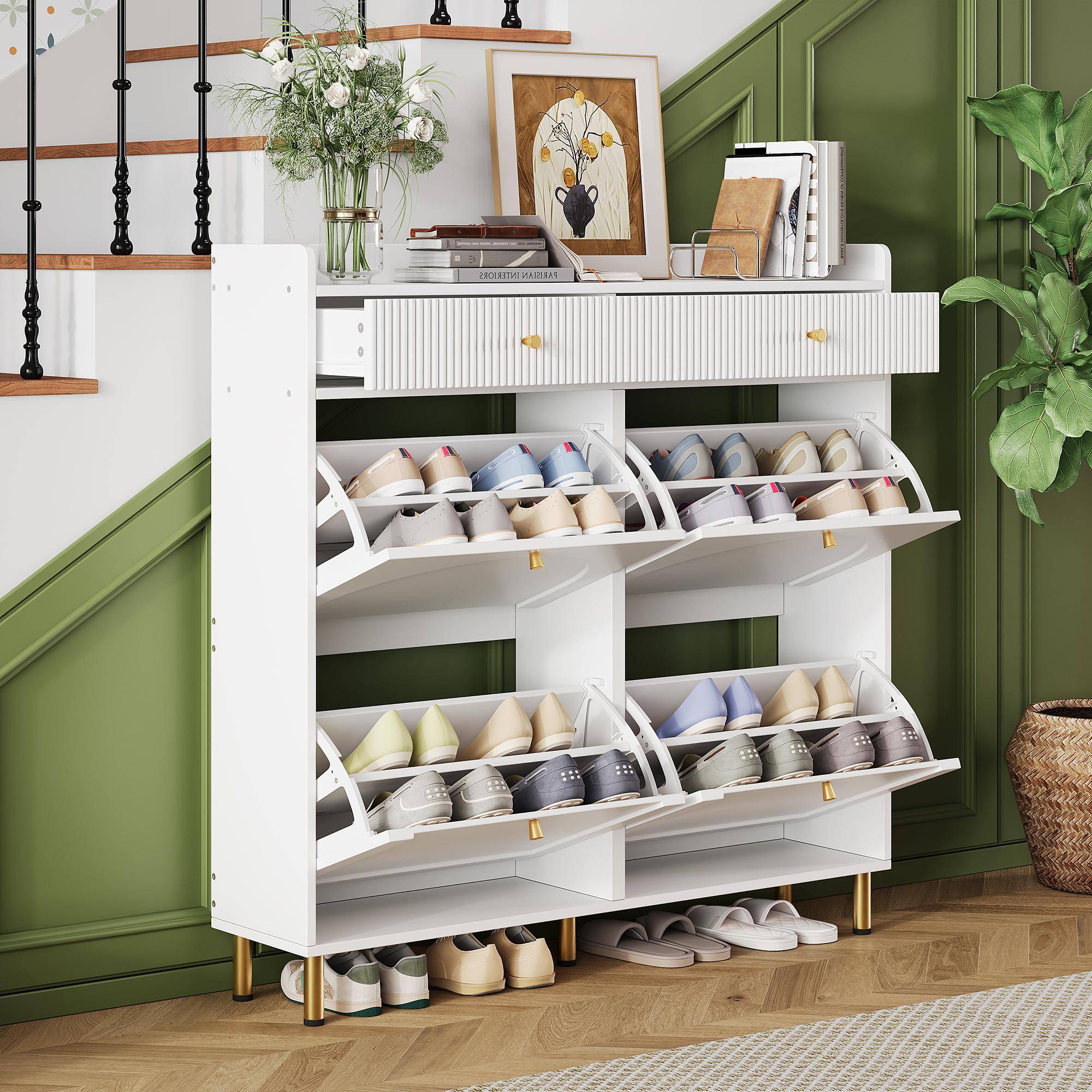 Shoe Cabinet, Narrow Shoe Tilt Cabinet with 4 Flap Doors and 2 Drawers, with Metal Handles, For Hallway, Bedroom, Apartment, White, 106.5x25x105.5 cm