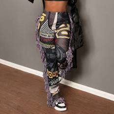 Dammode Höst- och vinterbyxor Nya Casual Street Retro-element Tryckta Tassel Webbing Dekorativa Byxor Damleggings - En Sommarmode Outfit Kamouflage St - Multifärgad - L,M,S,XS