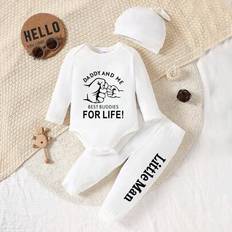 3st set Baby Boy Fist Bump Brevtryck Casual Romper Jumpsuit med långbyxor, vår/höst - Vitt (6-9M,9-12M,12-18M,18-24M,2-3Y,3-6M)