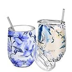 THILY Isolerat vinglas utan fot i rostfritt stål, med skjutlock och sugrör, söt resekopp som håller kaffe och cocktails kalla, 2-pack, iriserande + orkidé