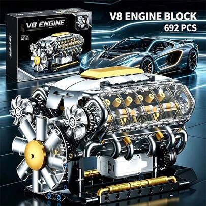 1 st kreativ superbil V8-motor byggblocksleksak, V8-motormodell monteringsleksak, DIY MOC mini V8-motormodell leksak, STEM-monteringsprojekt för vuxna - Multifärgad (Motor - v8 692PCS,GQ3053-v8 692 st)
