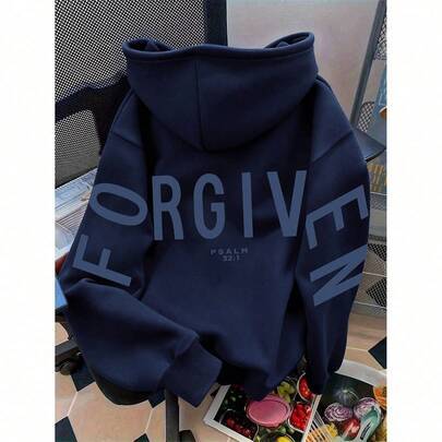 FORGIVEN PSALM bibel kristen Jesus-bön grafik mysig sweatshirt för höst och vinter för kvinnor, lång ärm med ficka, lätt nedsläppt axel, avslappnad ho - Marinblå (L,M,S,XL,XS,XXL)