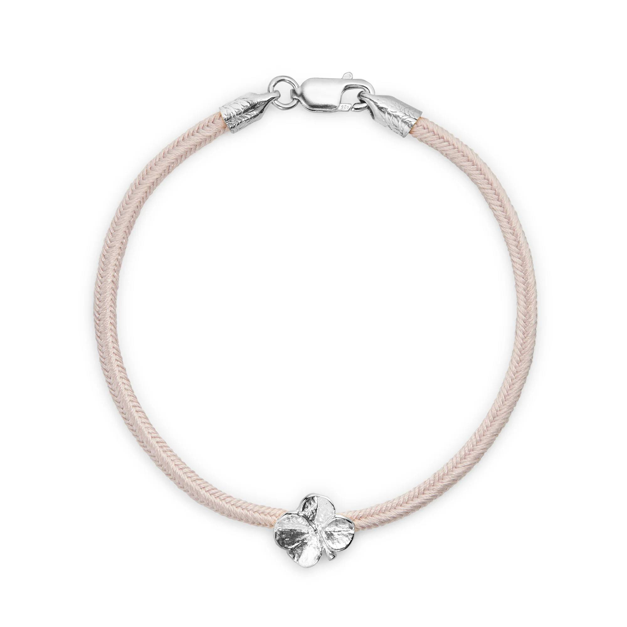 Firkløver silkearmbånd rosa, sølv - 18cm.