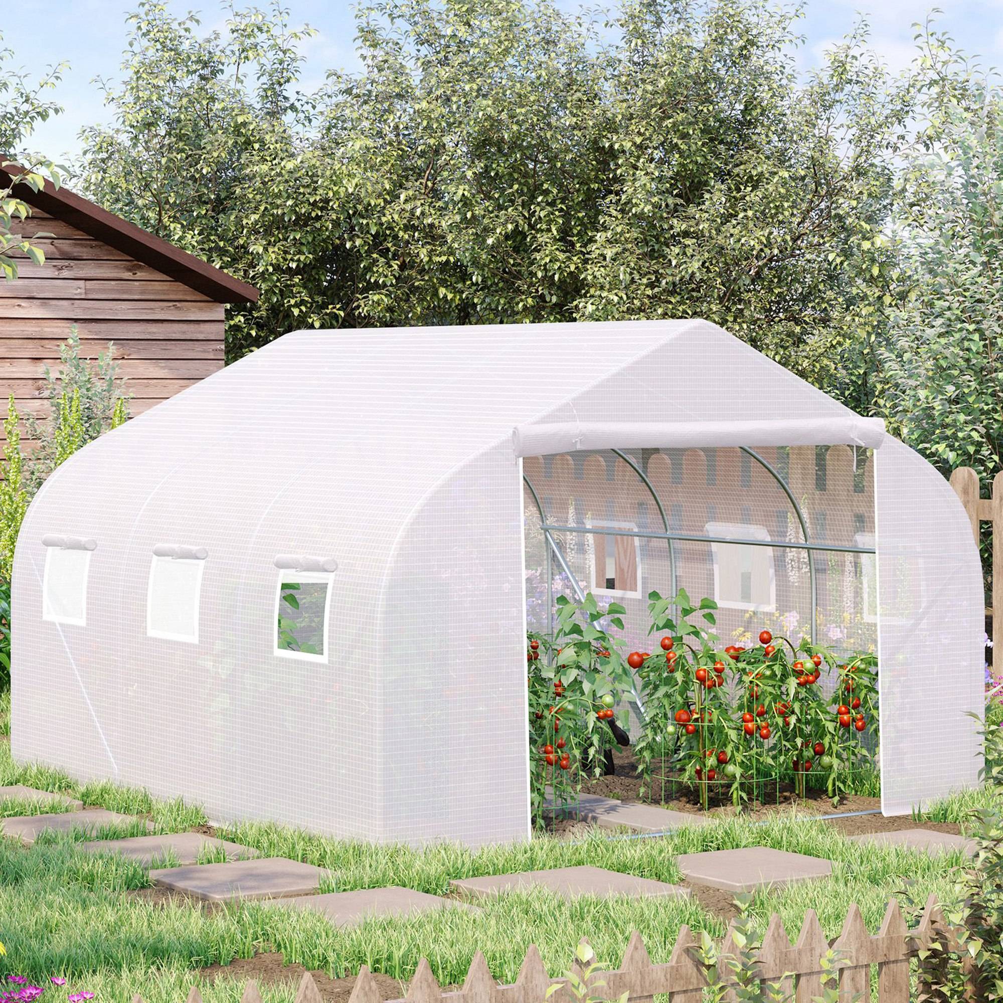 Tunneldrivhus, 6 rullevinduer, dør med lynlås, rivefast folie, metalramme, 3,5 x 3 x 2 m, hvid.