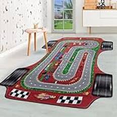 HomebyHome barnmatta med kort lugg för pojkar och flickor, 160 x 230 cm, röd Grandprix design – tvättbar matta, extra mjuk och antiallergisk – matta för barnrum, babyrum och lekrum