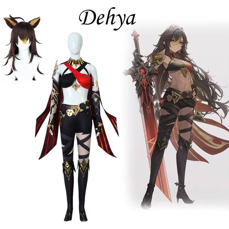 Dehya Cosplay Kostym Peruk Komplett Set Halloween Karneval Samurajdräkt Peruk Röd black