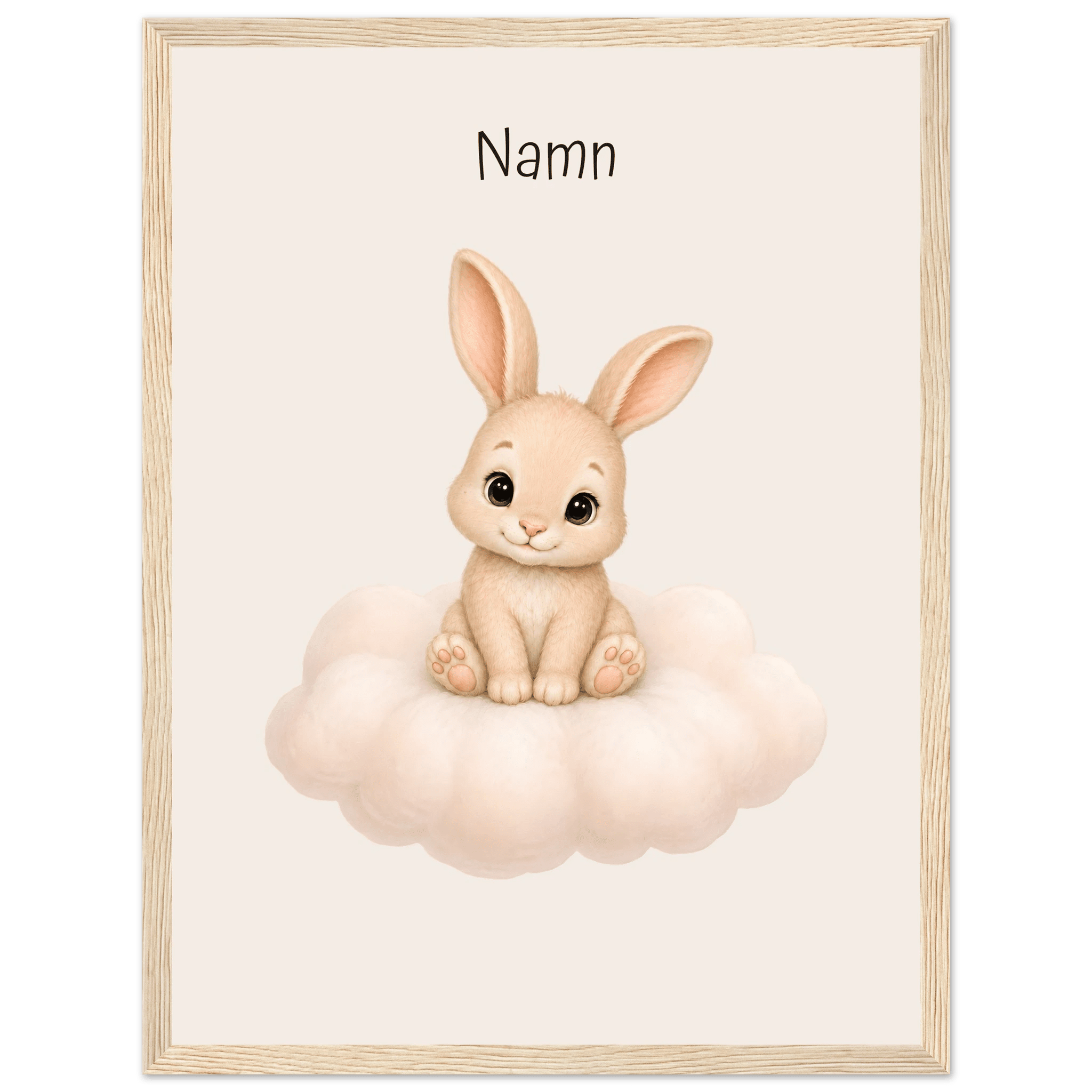 Kanin på moln med namn-30x40 cm / 12x16″ / Med ram / Ljust trä