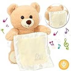 Hopearl Peek A Boo Bear med säkerhetsfilt interaktivt upprepade, vad du säger plysch nallebjörn leksak musical sjungande prata fyllt djur charmig elektrisk animate, beige, 28 cm