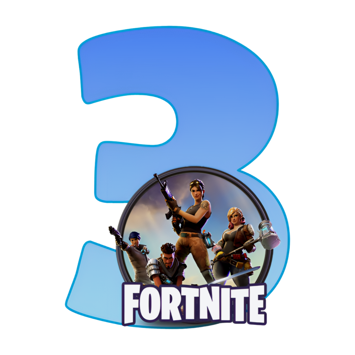 Fortnite kageprint med blåt 3-tal og helte Ø2–28 cm - 21 cm - 1 stk
