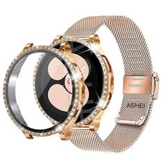 Til Samsung Galaxy Watch 4 5 6 Rem 40Mm 44Mm Mesh Loop Rustfrit Stål Rem Bling Fald Hærdet Glas Skærmbeskytter rose gold sæt watch6 40mm