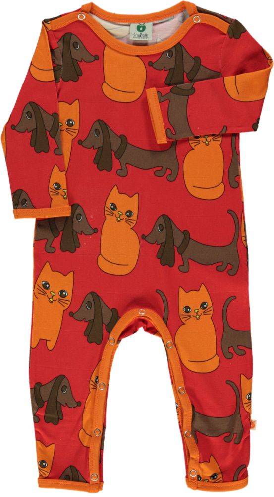 Langærmet heldragt med katte og hunde - Red / 80 cm