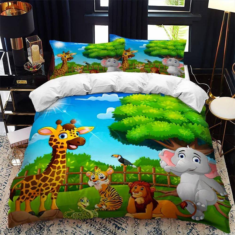 Tecknad Zoo Djur Sängklädesset Pojkar Flickor Enkel Queen Size Påslakan Örngott Säng Barn Vuxen Mode Hemtextil AU Single 140x210cm