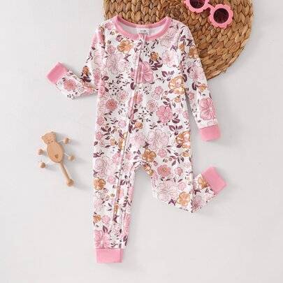 Bekväm mjuk body med fötter för babyflicka, skogsblommor, söt body med lång ärm, dragkedja och komönster, mjuk och hudvänlig, åtsittande loungewear fö - Multifärgad (2Y,3Y,9-12M,12-18M,18-24M)
