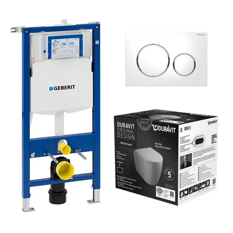 Toiletpakke m/Geberit cisterne,Duravit Me by Stack compact toilet m/sæde og hvid/krom/hvid trykknap