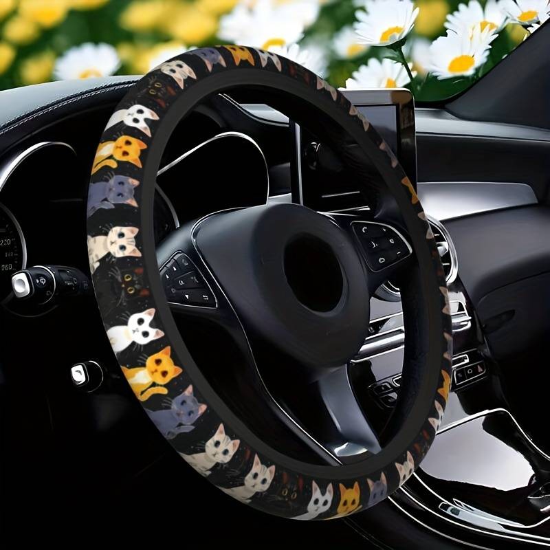 Cute Cat Pet-themed Pattern, Single-pack Car Steering Wheel Cover, Comfortable Grip, Interior Accessory, Neoprene Rubber Material, Anti-slip Design, Specifically Designed For Most Car Models
