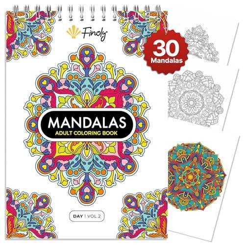 Finoly Mandala Målarbok för Vuxna med 30 Teckningar | Mandala Barnbok | Mandala Djur | A4 Mandala Målarbok | Premiumpapper | Spiralbindning | Volym II (Dag)
