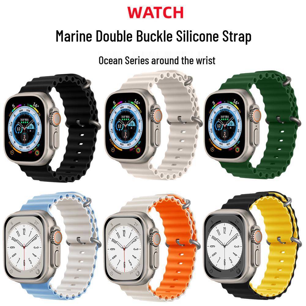 Kompatibel med Apple Watch Series 5-10, SE, Ultra 2: Ocean S11 Dubbelspänne Silikonrem. black