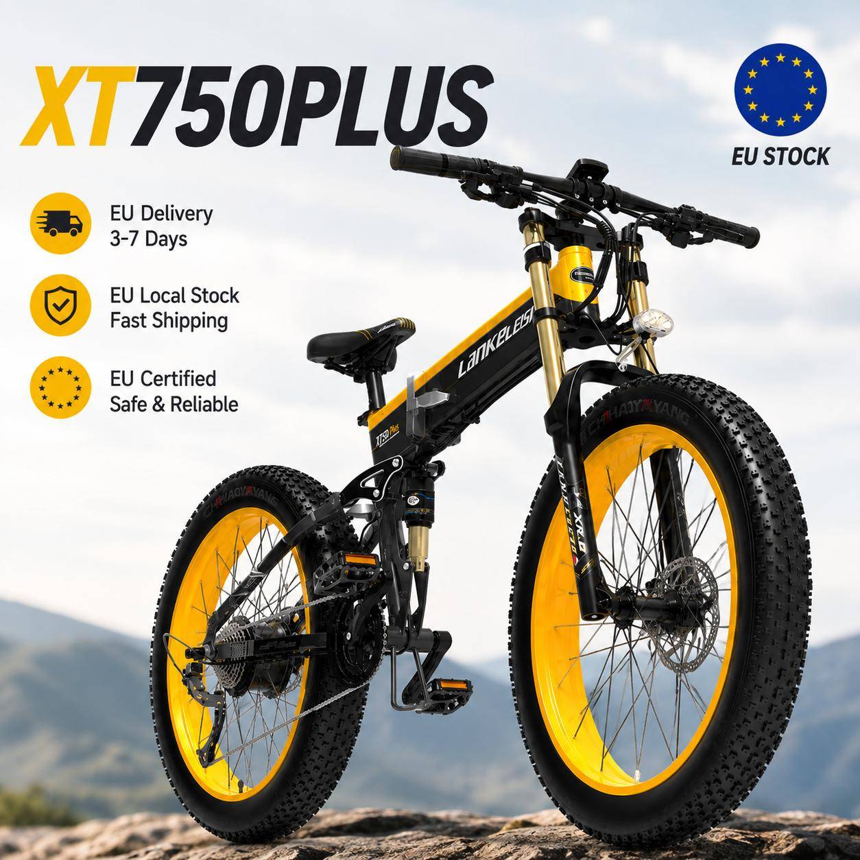 Lankeleisi XT750 Plus 1000W 48V17.5AH Fullfjädring Terrängcykel 27-växlad Hopfällbar 26×4.0 Fatbike Skickas Från EU