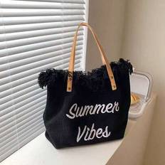 Fashionabla tygväska med fransar i canvas med stor kapacitet med bokstavsdesign, Lämplig för shopping och arbete, Sommarväskor för kvinnor för semeste - Svart (En-Storlek)