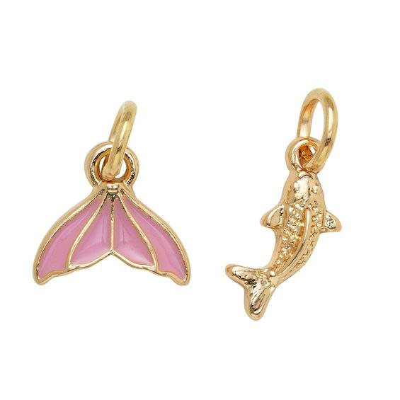 Guldfarvede charms-vedhæng, fisk med bling 6×12 mm, rosa havfruehale 12×8 mm.