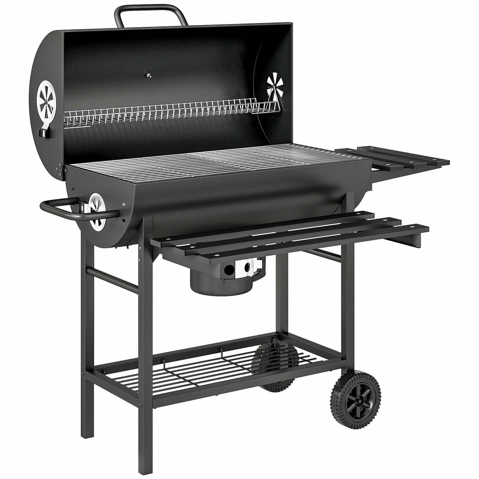 Rökgrill i stål med kolgrill, lock och hjul, 114x65x95 cm