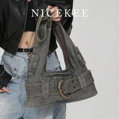 Women&#39;s New Y2K Shoulder Underarm Bag, Casual Cool Style Millennial Element Punk Style Retro Handbag, Metal Rock Metal Decoration Large Capacity Commu - Grey
