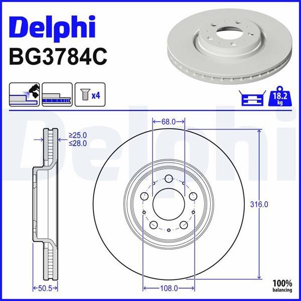 Bromsskiva Ventilerad, Framaxel DELPHI - volvo s60 i, v70 ii, v70 iii, xc90 i, xc90 van i - OE 30636074, 306360743, 30736406