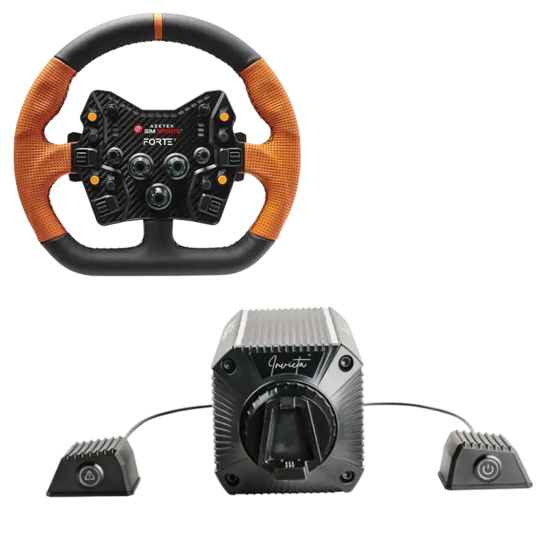 Asetek SimSports Invicta 27nm Direct Drive Wheel Base - Forte GT Wheel Bundle - GT Closed D Orange Leather + Forte GT Aluminium Button Box